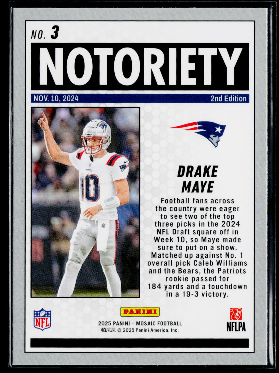 2025 Panini Mosaic #3 Drake Maye Notoriety
