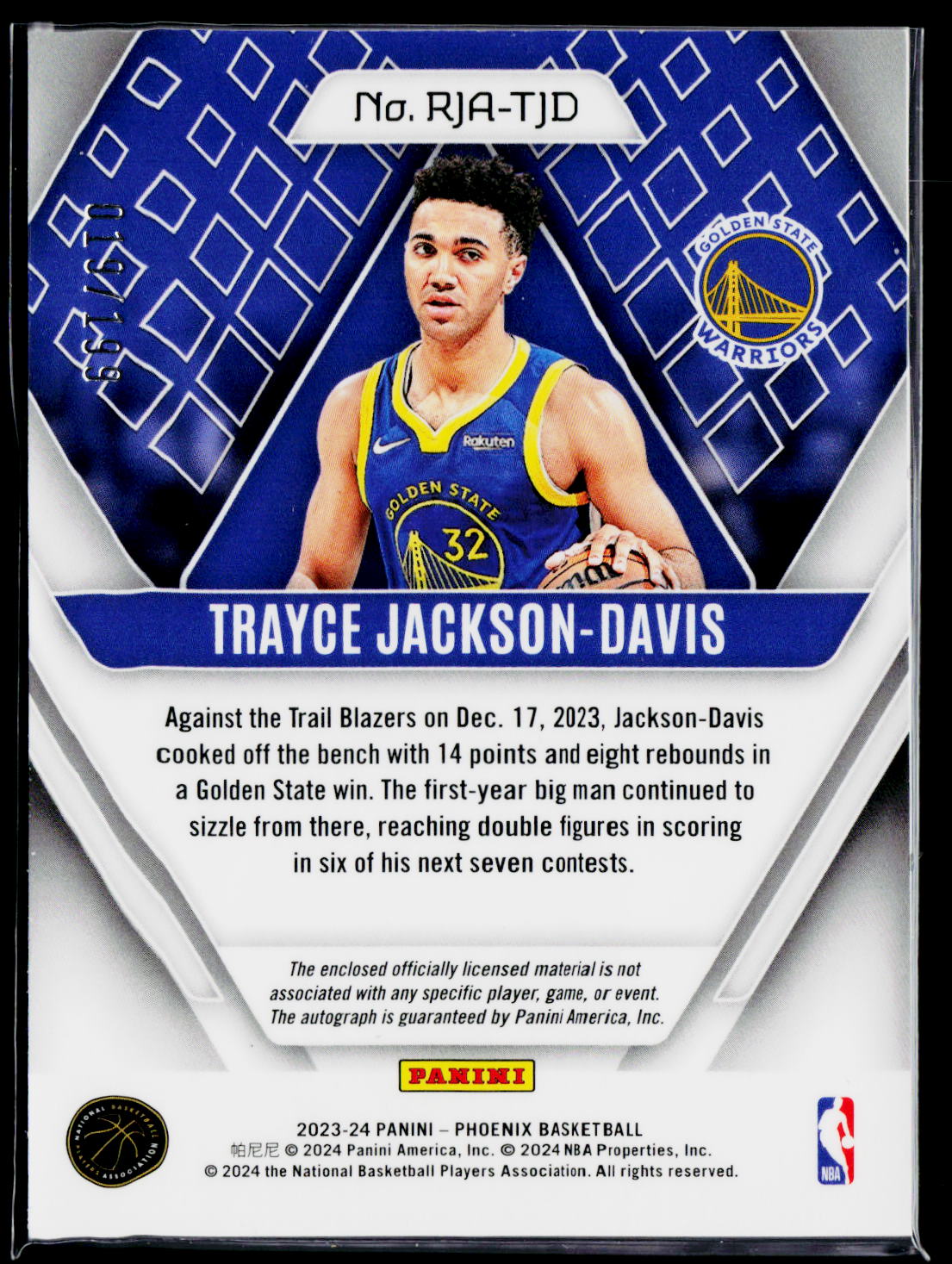 2023-24 Panini Origins #RJA-TJD Trayce Jackson-Davis Rookie Jersey Autographs