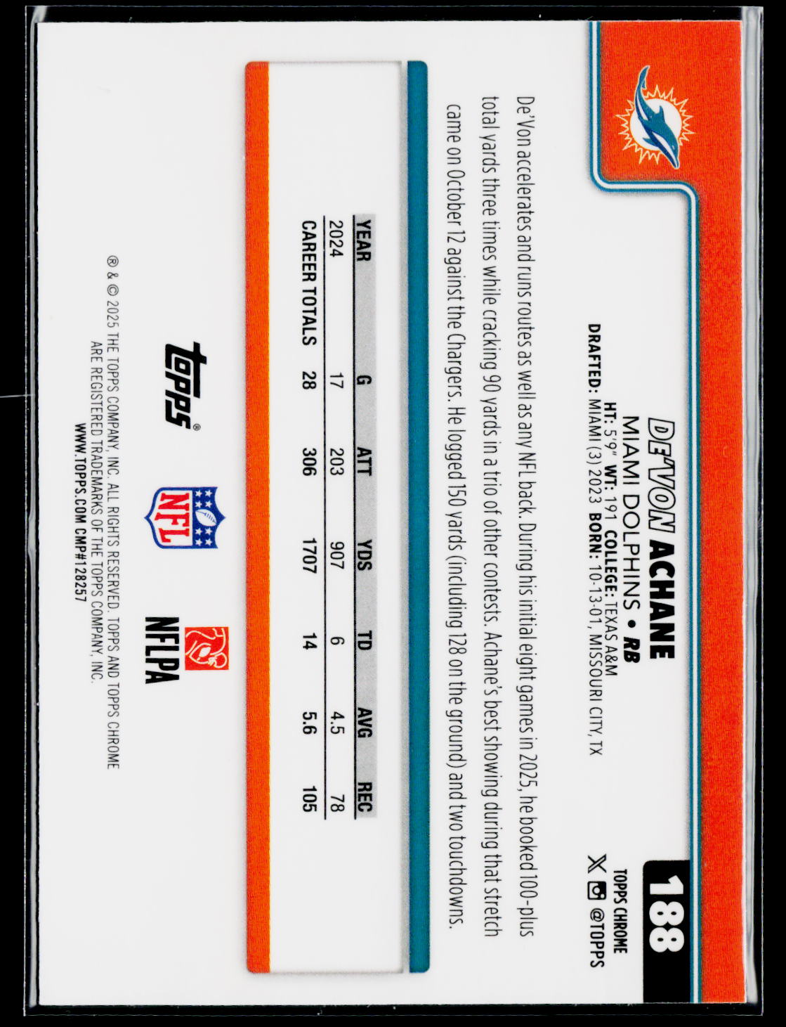 2025 Topps Chrome #188 De'Von Achane