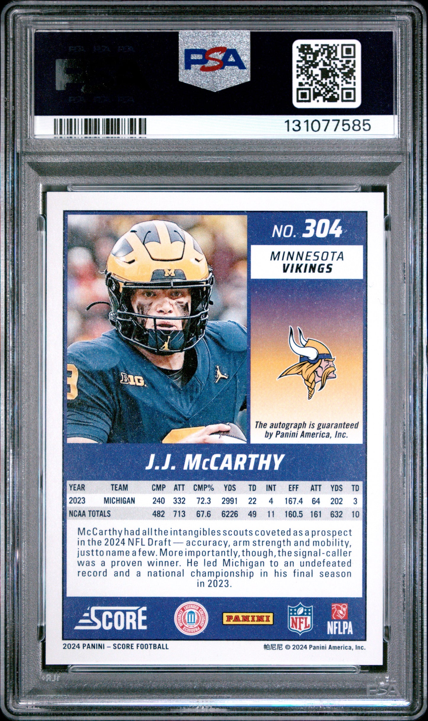 2024 Panini Score #304 Jj Mccarthy Signature PSA 10