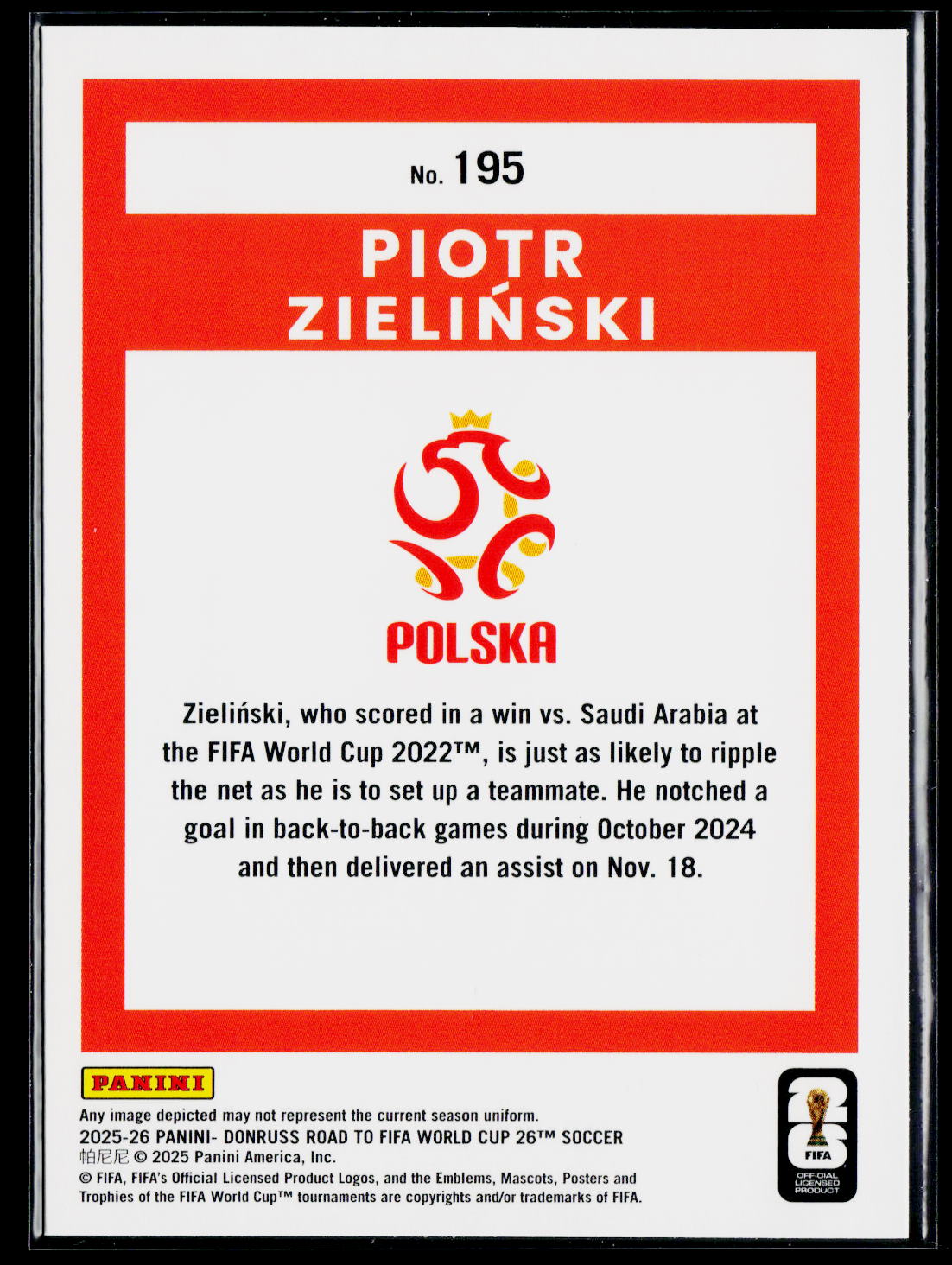 2025-26 Donruss Road to FIFA World Cup #195 Piotr Zielinski