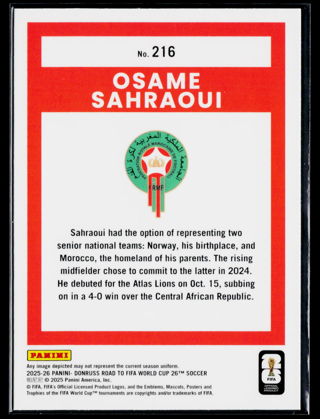 2025-26 Donruss Road to FIFA World Cup #216 Osame Sahraoui