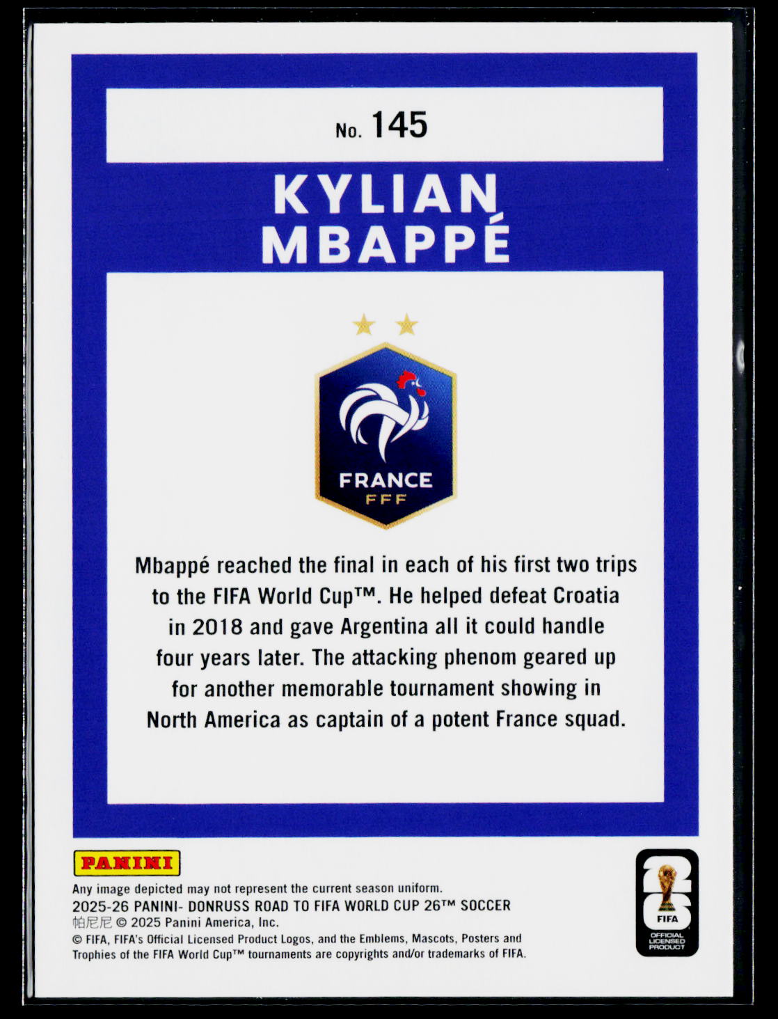 2025-26 Donruss Road to FIFA World Cup #145 Kylian Mbappe