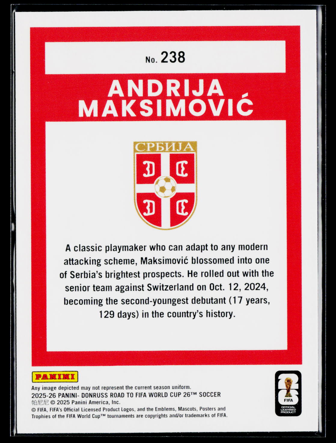 2025-26 Donruss Road to FIFA World Cup #238 Andrija Maksimović