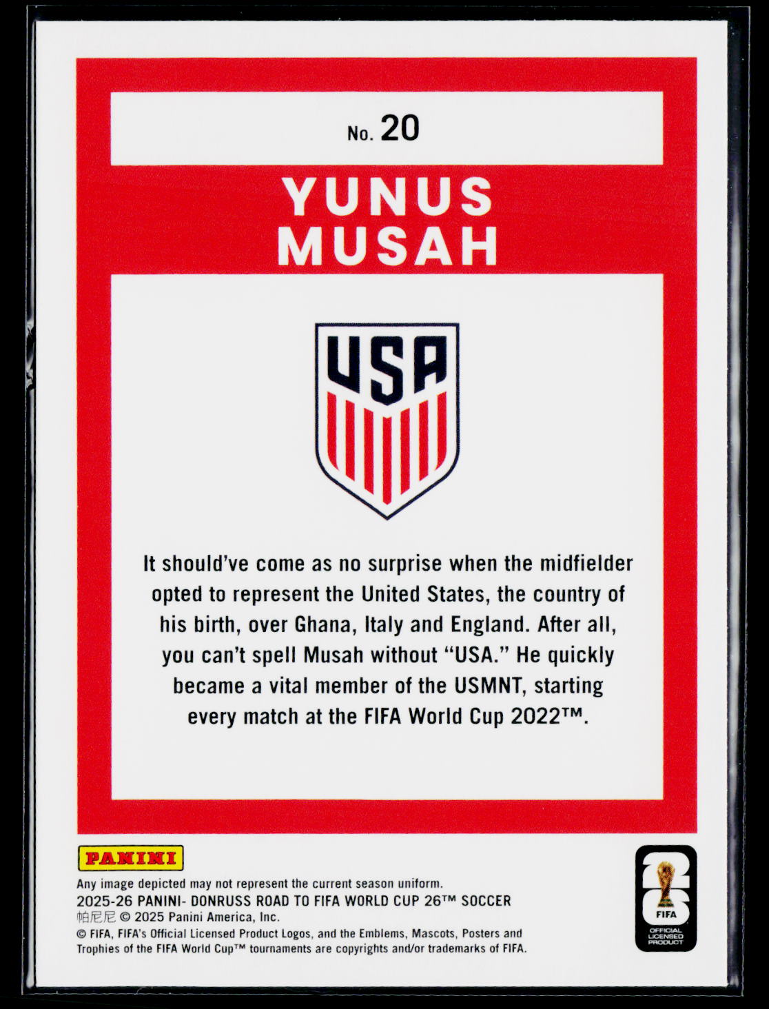 2025-26 Donruss Road to FIFA World Cup #20 Yunus Musah