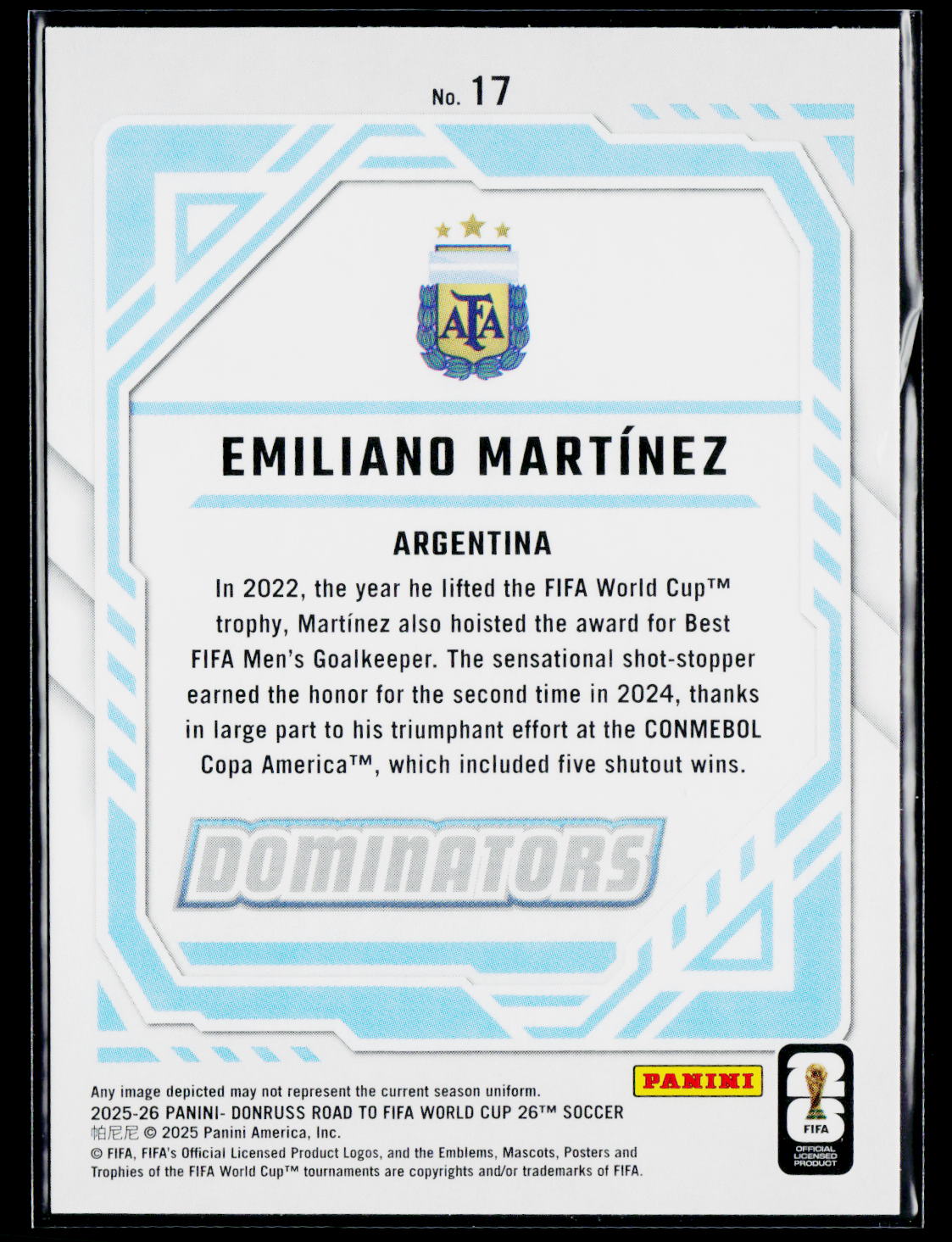 2025-26 Donruss Road to FIFA World Cup #17 Emiliano Martinez Dominators