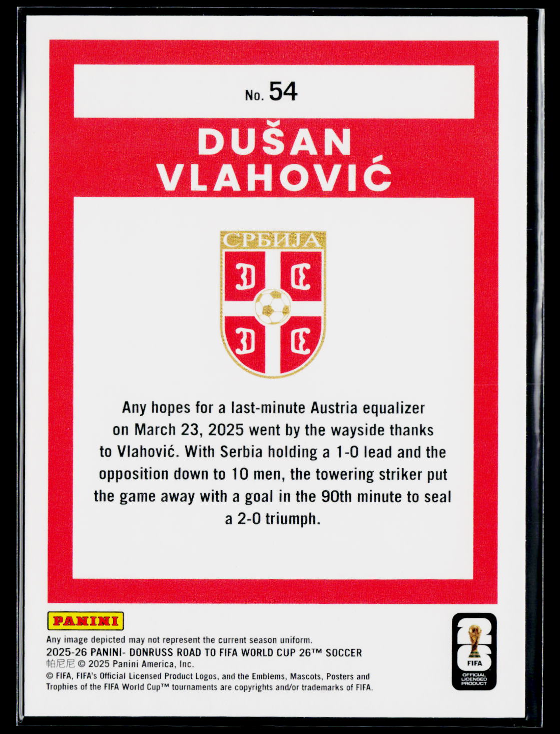 2025-26 Donruss Road to FIFA World Cup #54 Dusan Vlahovic