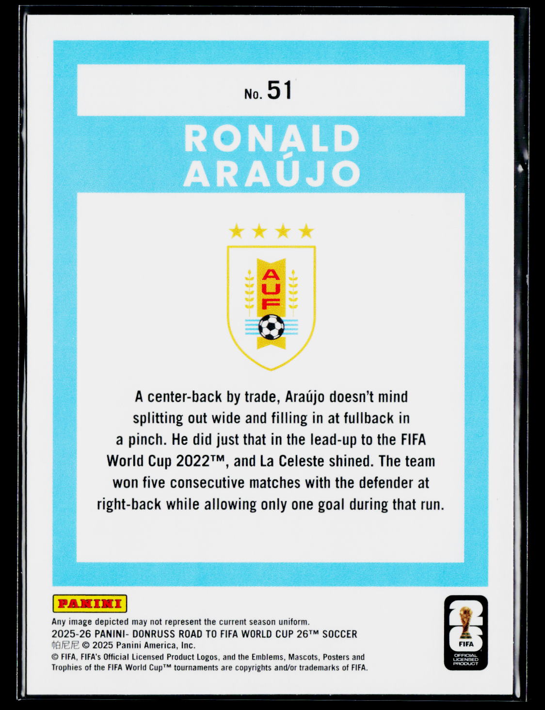 2025-26 Donruss Road to FIFA World Cup #51 Ronald Araujo