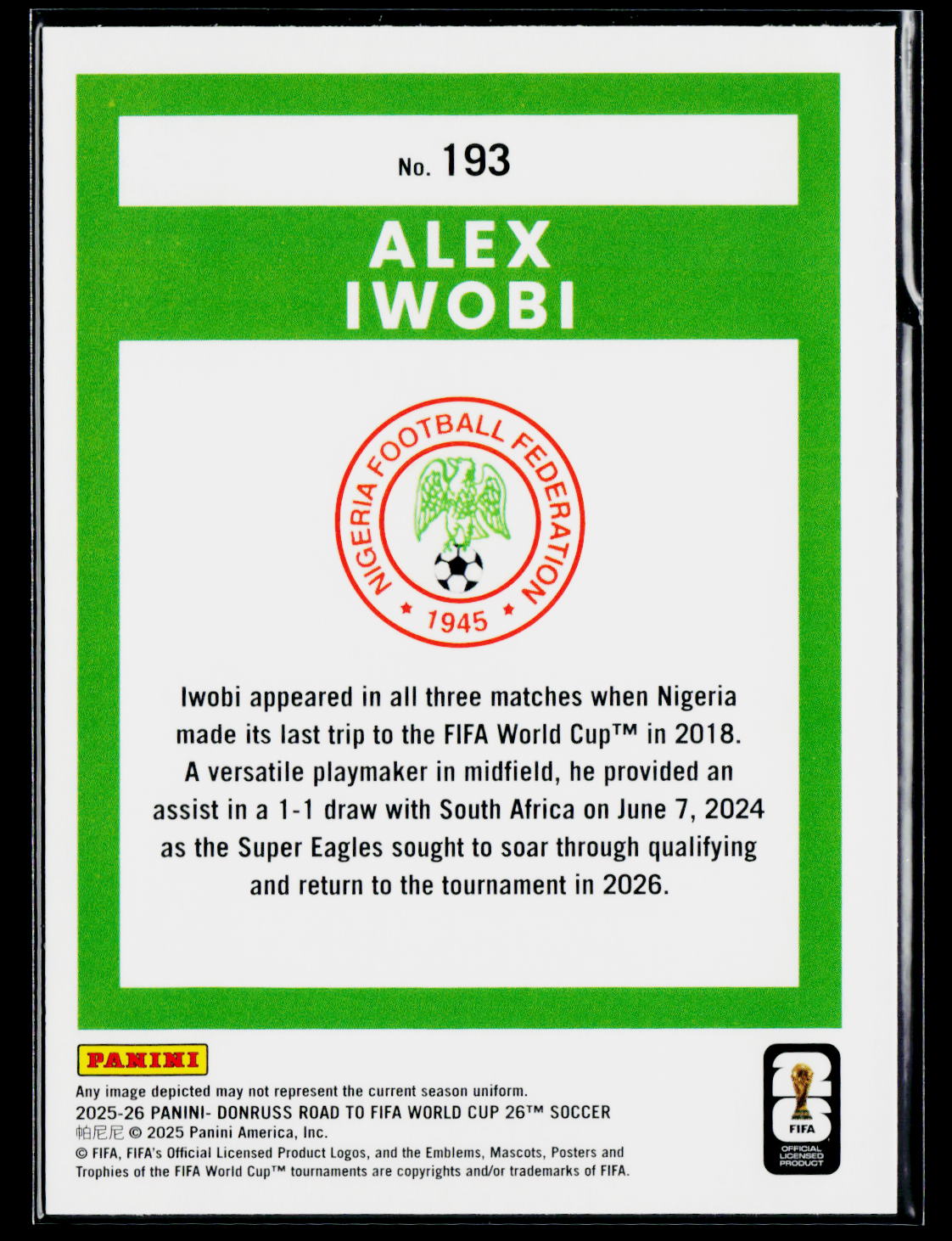 2025-26 Donruss Road to FIFA World Cup #193 Alex Iwobi