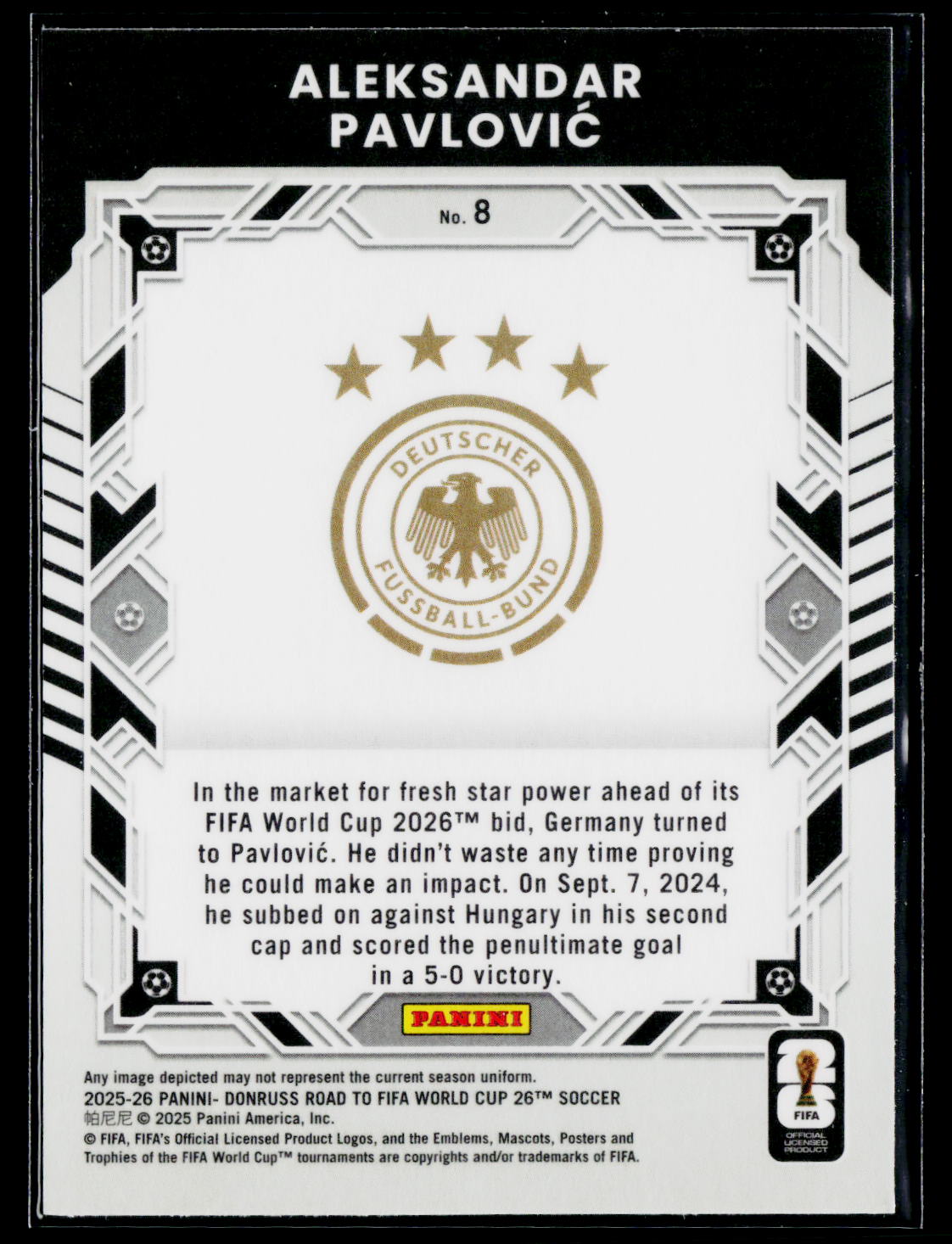 2025-26 Donruss Road to FIFA World Cup #8 Aleksandar Pavlovic Elite Series