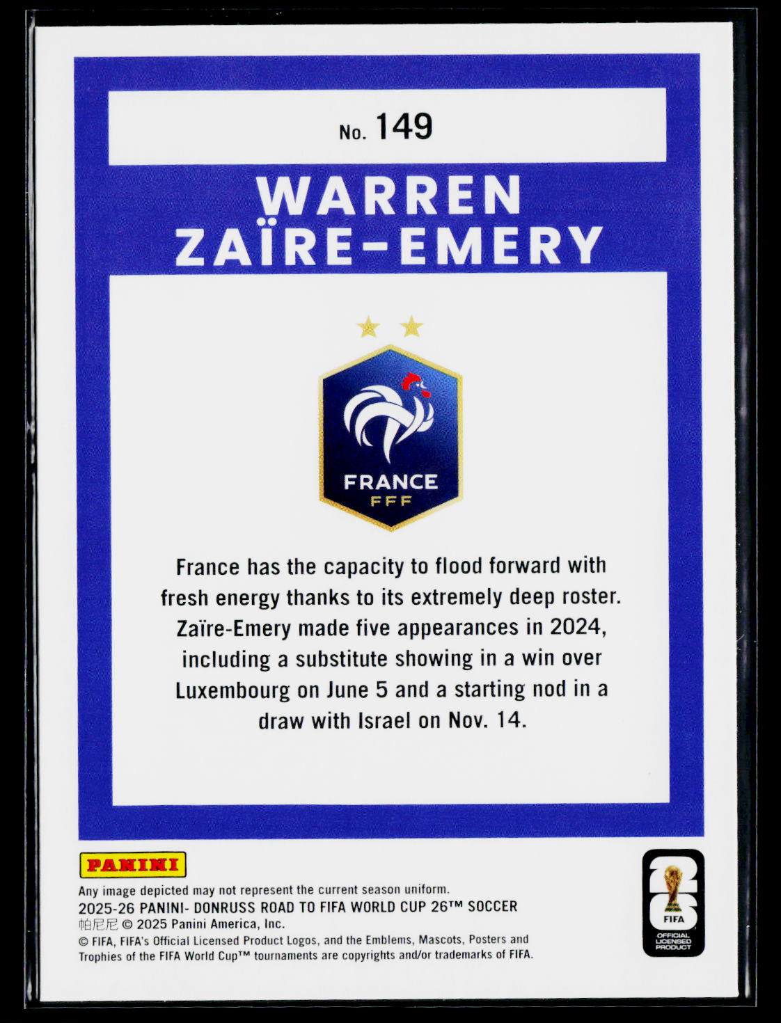 2025-26 Donruss Road to FIFA World Cup #149 Warren Zaire-Emery