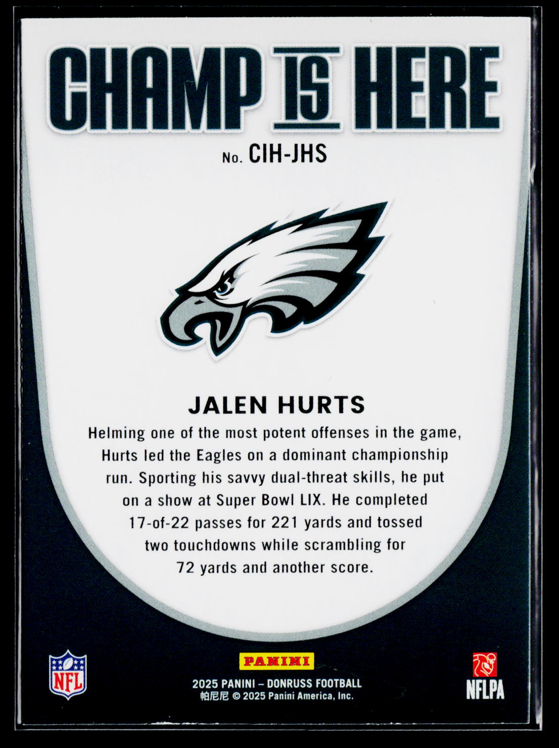 2025 Donruss #CIH-JHS Jalen Hurts Champ is Here