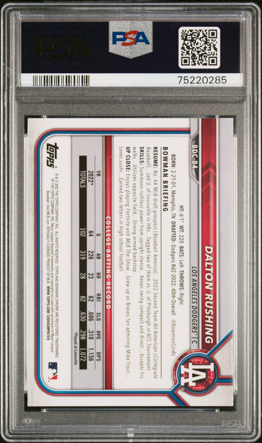 2022 Bowman Draft #BDC84 Dalton Rushing Chr-B/W Rywv.Refractor PSA 9