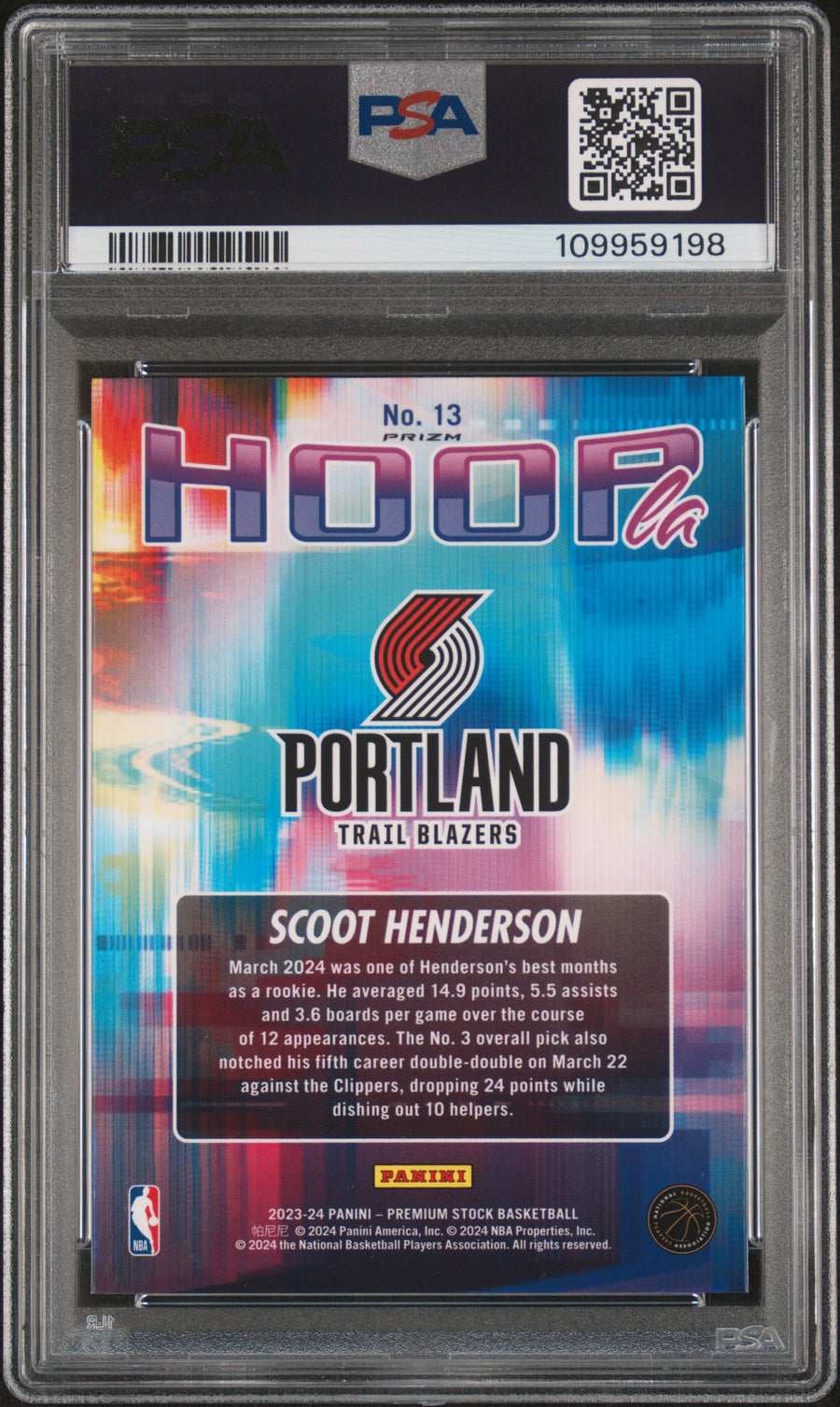 2023 Panini Hoops Premium Stock 13 Scoot Henderson Hoopla Silver Prizm PSA 10