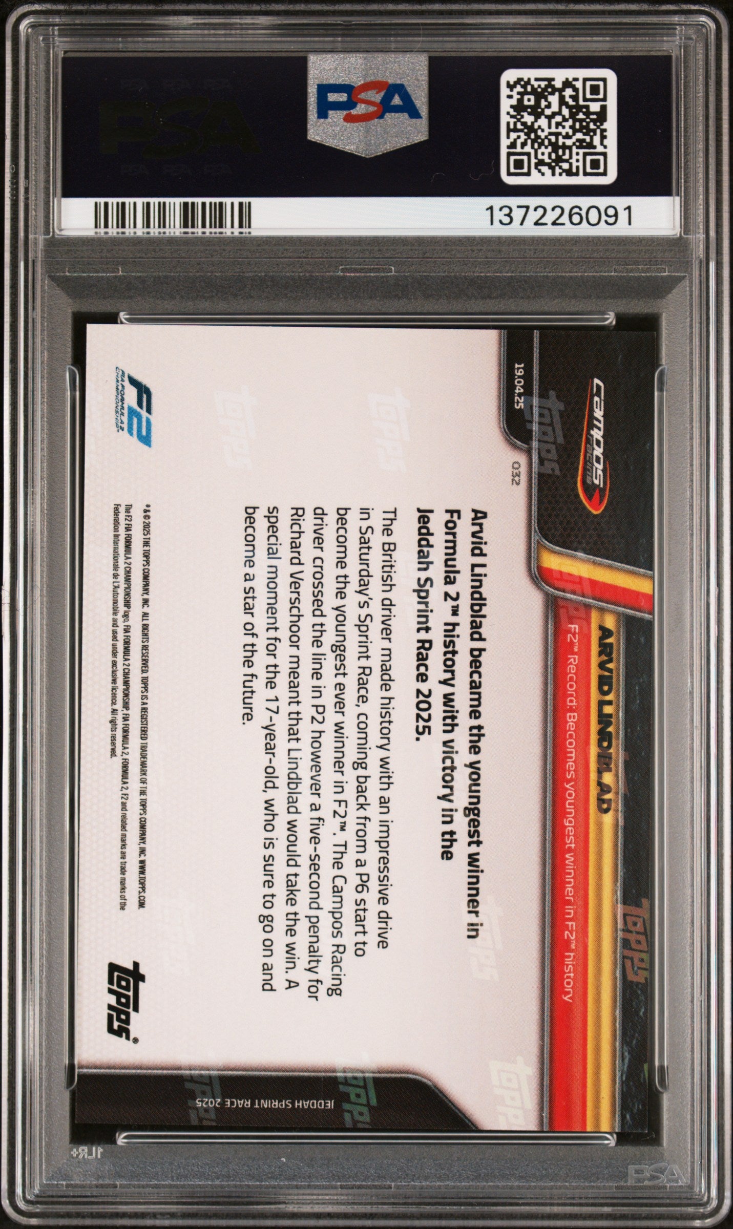 2025 Topps Now Formula 1 #32 Arvid Lindblad Gold Foil PSA 5