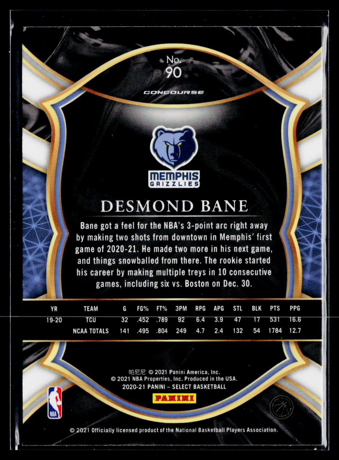 2020-21 Panini Select #90 Desmond Bane Blue