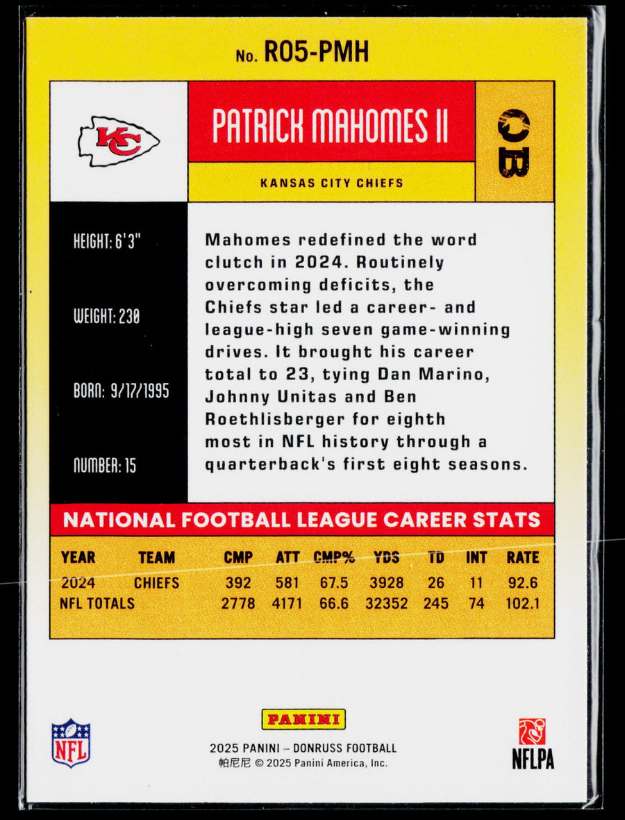 2025 Donruss #R05-PMH Patrick Mahomes II Retro 2005