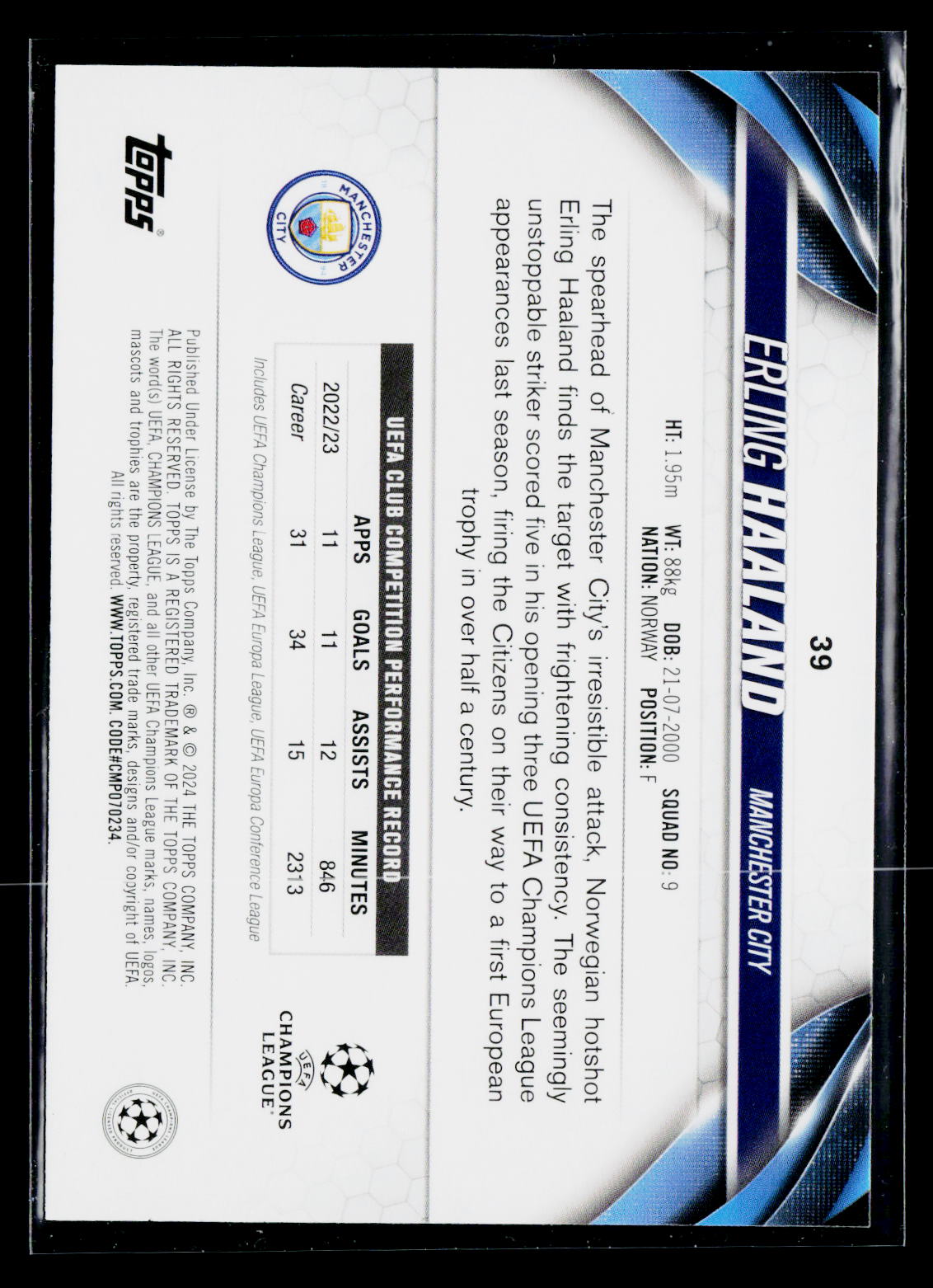 2023-24 Topps UEFA Club Competitions #39 Erling Haaland Inferno Foil