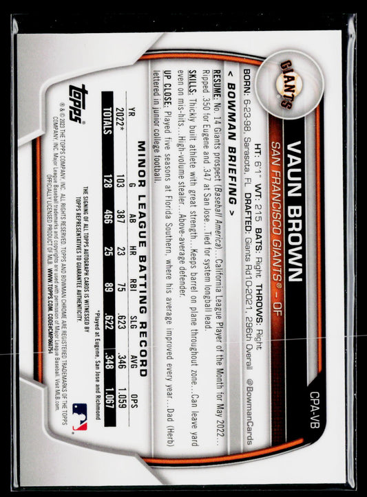 2023 Bowman CPA-VB Vaun Brown Chrome Prospect Autographs Refractors Blue /250