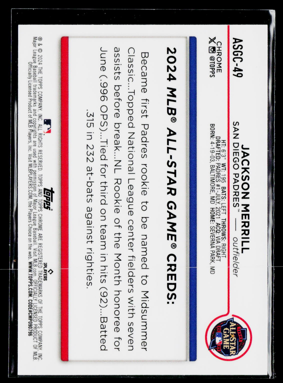 2024 Topps Chrome Update #ASGC-49 Jackson Merrill 2024 All-Star Game Chrome