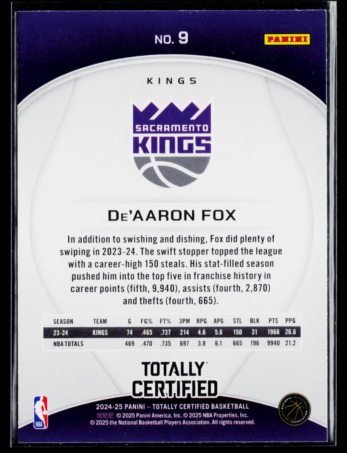 2024-25 Panini Totally Certified #9 De'Aaron Fox