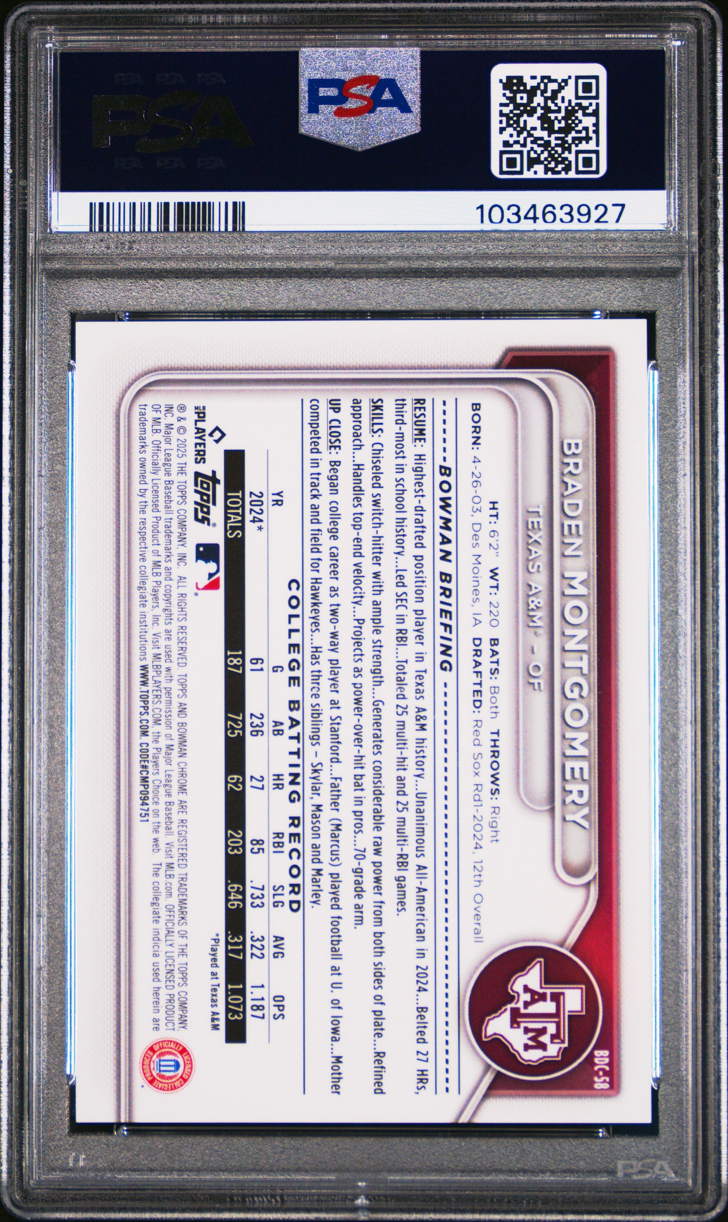 2024 Bowman Draft #BDC58 Braden Montgomery Chrome Variation PSA 10