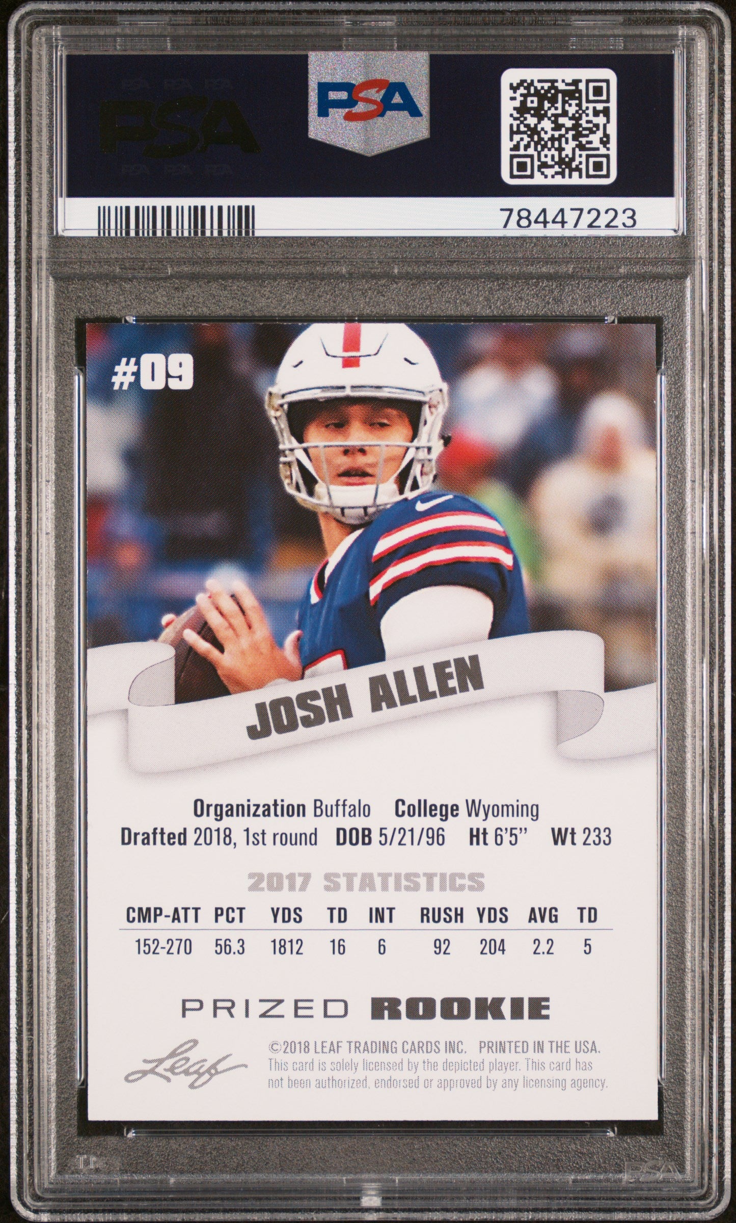 2018 Leaf Special Release Prized Rookie #9 Josh Allen Prized Rookie PSA 10