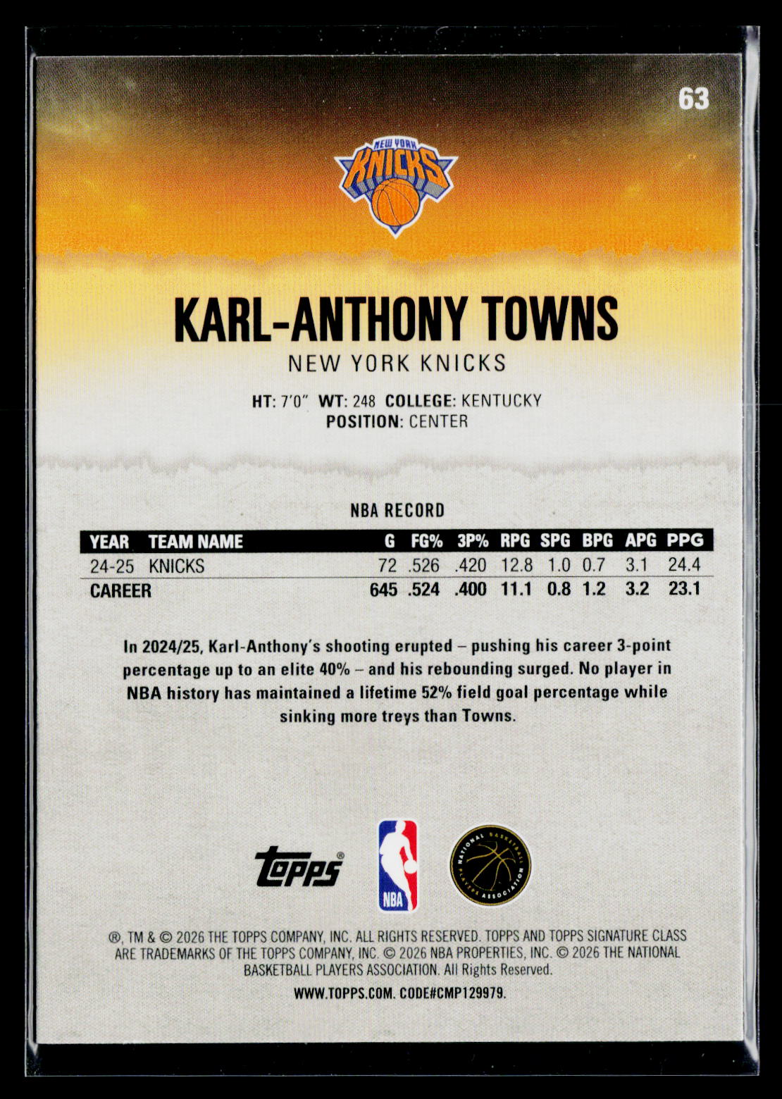 2025-26 Topps Signature Class #63 Karl-Anthony Towns Yellow Refractors #/275