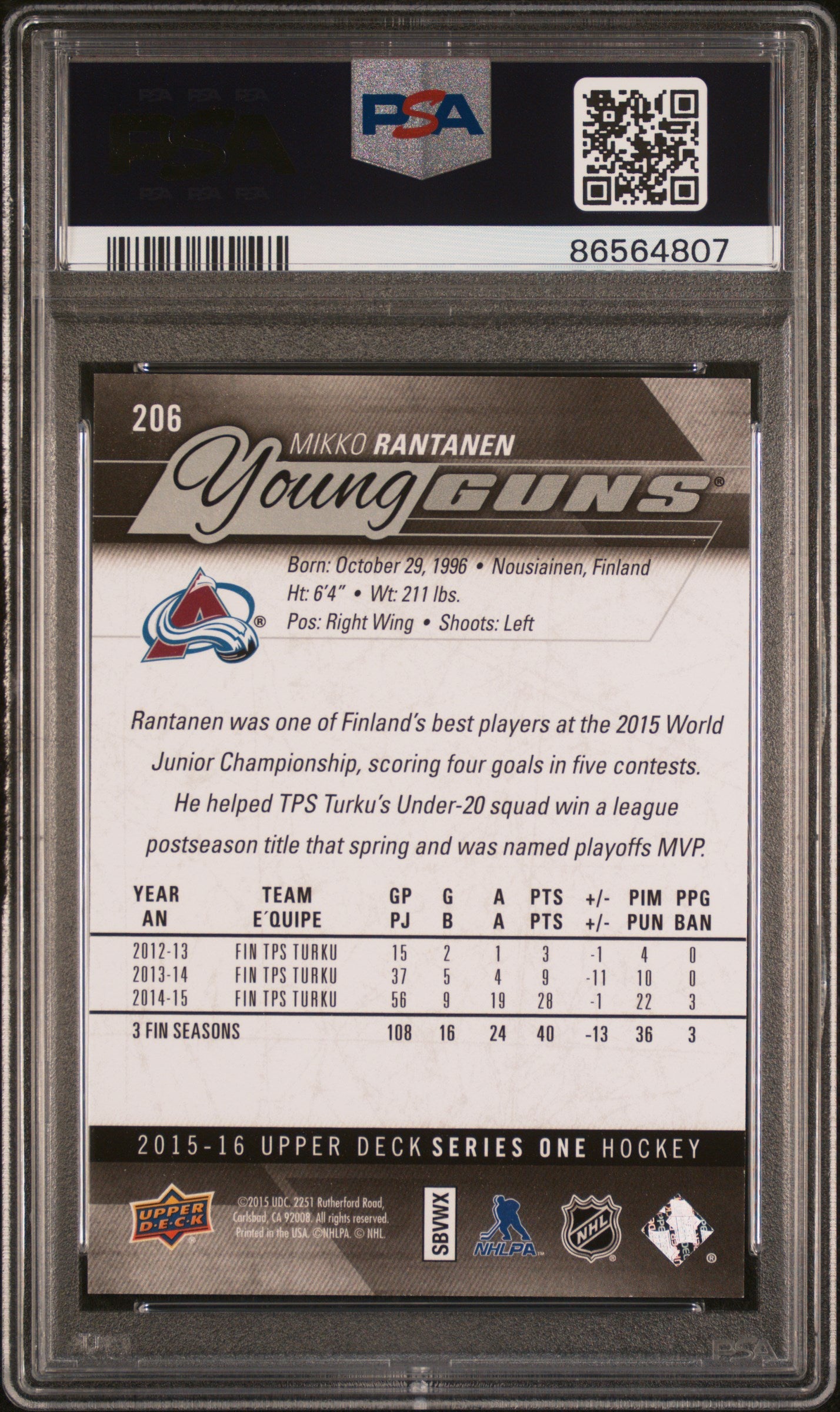2015 Upper Deck #206 Mikko Rantanen PSA 10