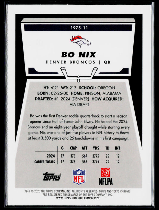 2025 Topps Chrome #1975-11 Bo Nix 1975 Topps Yellow Refractor #/275