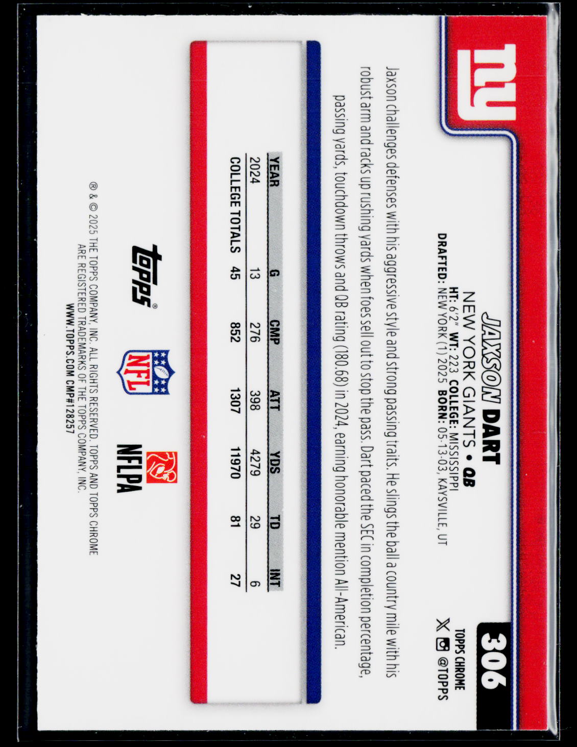 2025 Topps Chrome #306 Jaxson Dart