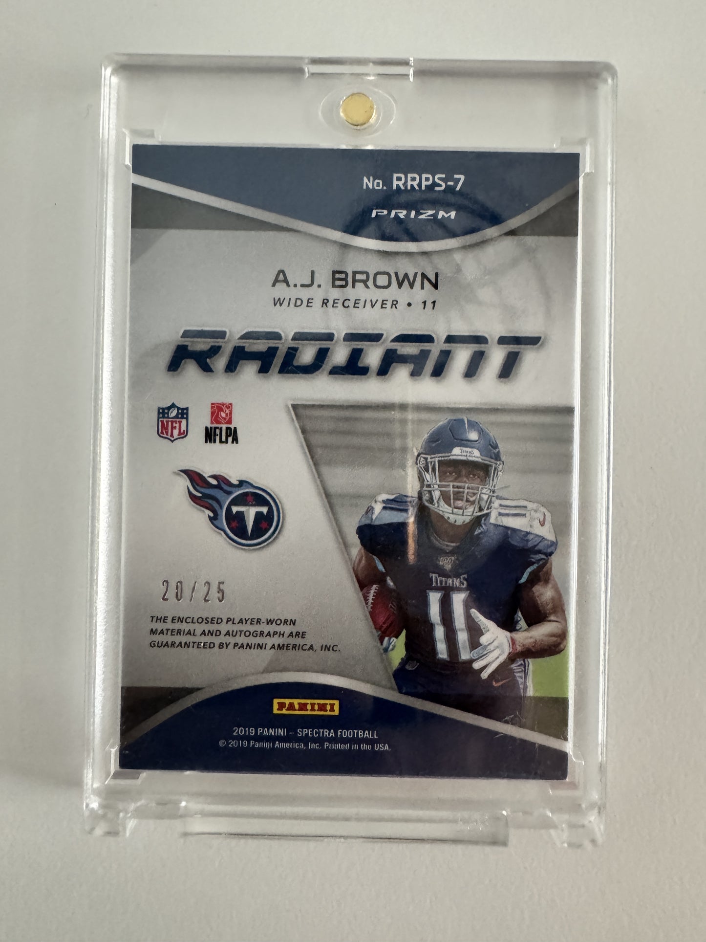 2019 Panini Spectra #RRPS-7 A.J. Brown Radiant Rookie Patch Signatures Wave #/25