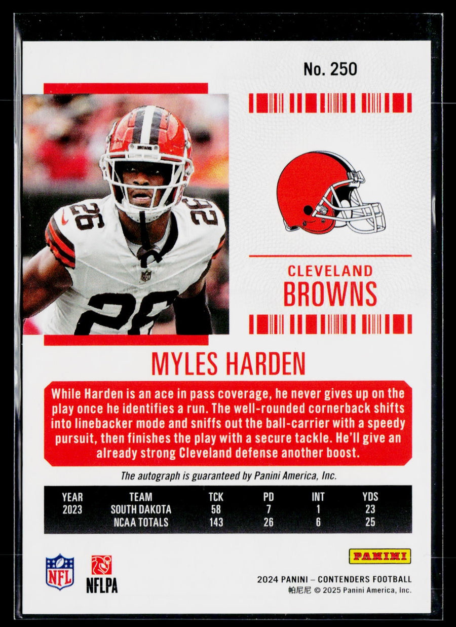 2024 Panini Contenders #250 Myles Harden Opening Kickoff Green Laser Auto RC