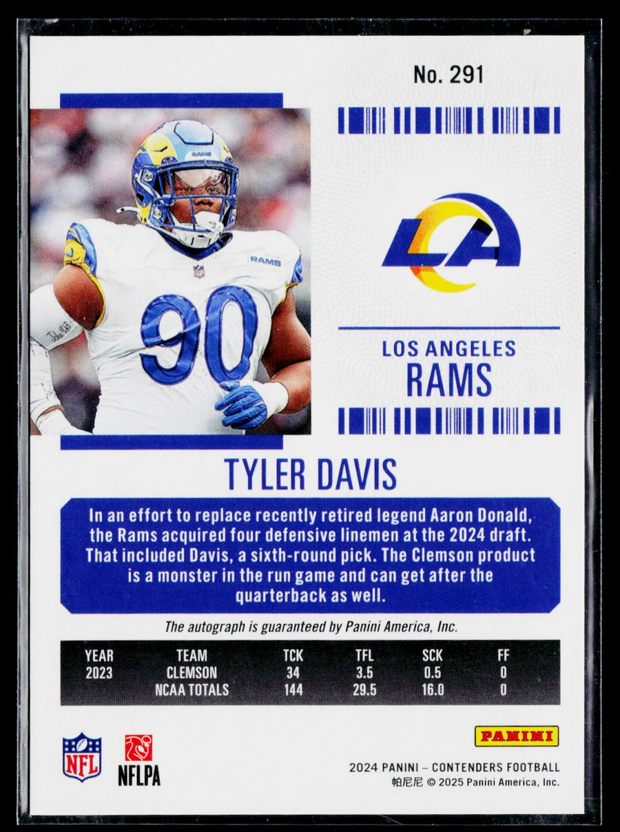 2024 Panini Contenders #291 Tyler Davis Opening Kickoff Green Laser Auto RC