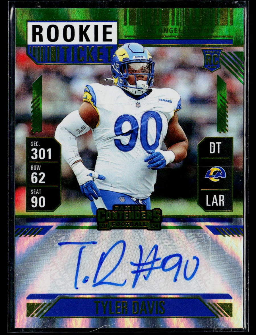 2024 Panini Contenders #291 Tyler Davis Opening Kickoff Green Laser Auto RC