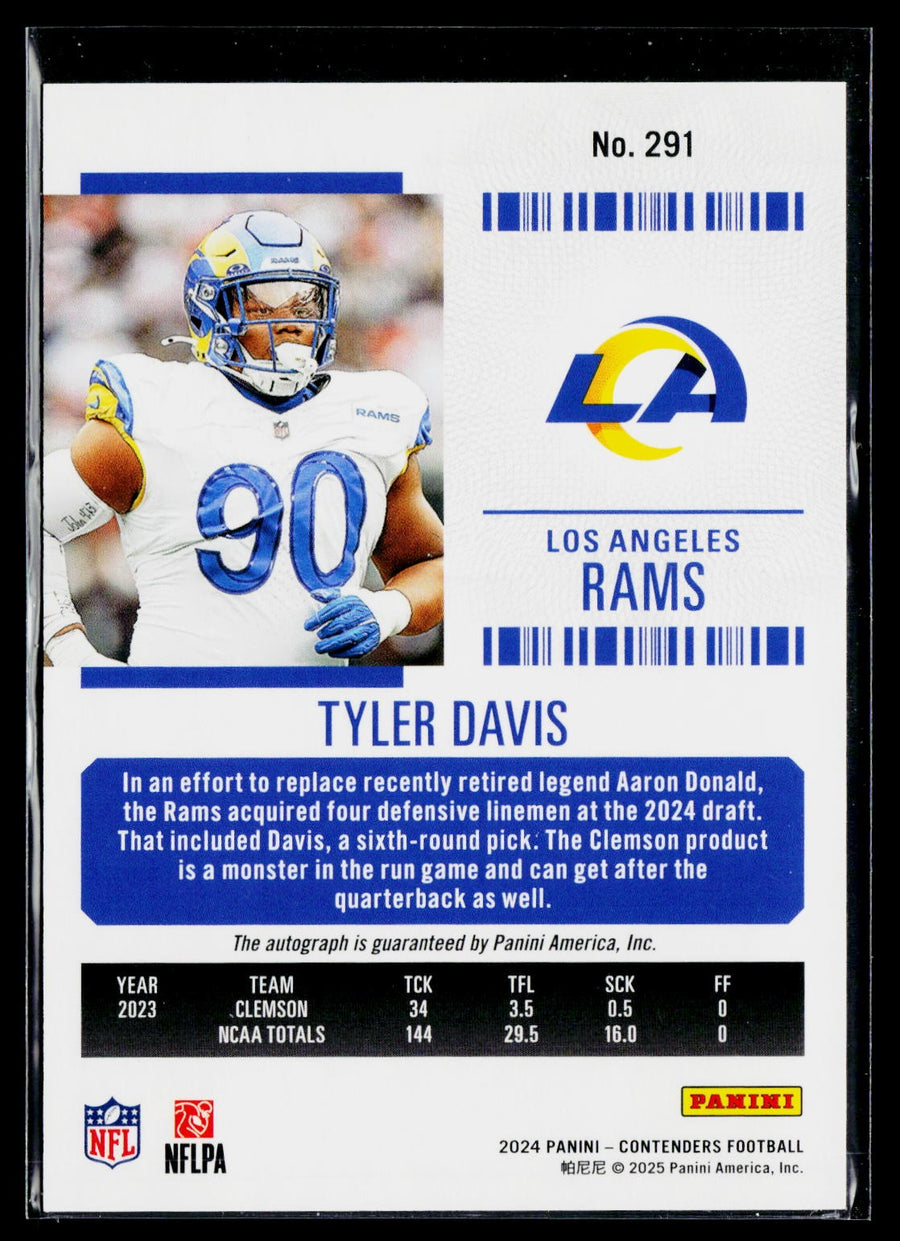 2024 Panini Contenders #291 Tyler Davis Opening Kickoff Green Laser Auto RC