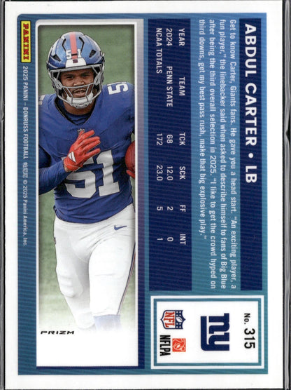 2025 Donruss #315 Abdul Carter Optic Rated Rookies Preview Red Pandora