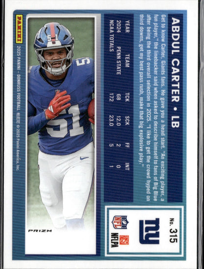 2025 Donruss #315 Abdul Carter Optic Rated Rookies Preview Red Pandora
