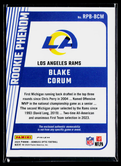 2024 Donruss Optic #RPB-BCM Blake Corum Rookie Phenoms Blue Hyper