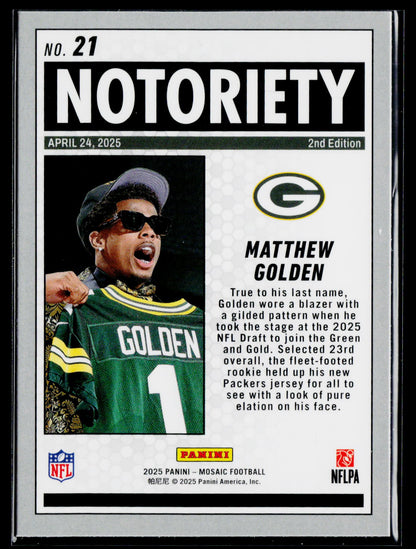 2025 Panini Mosaic #21 Matthew Golden Notoriety