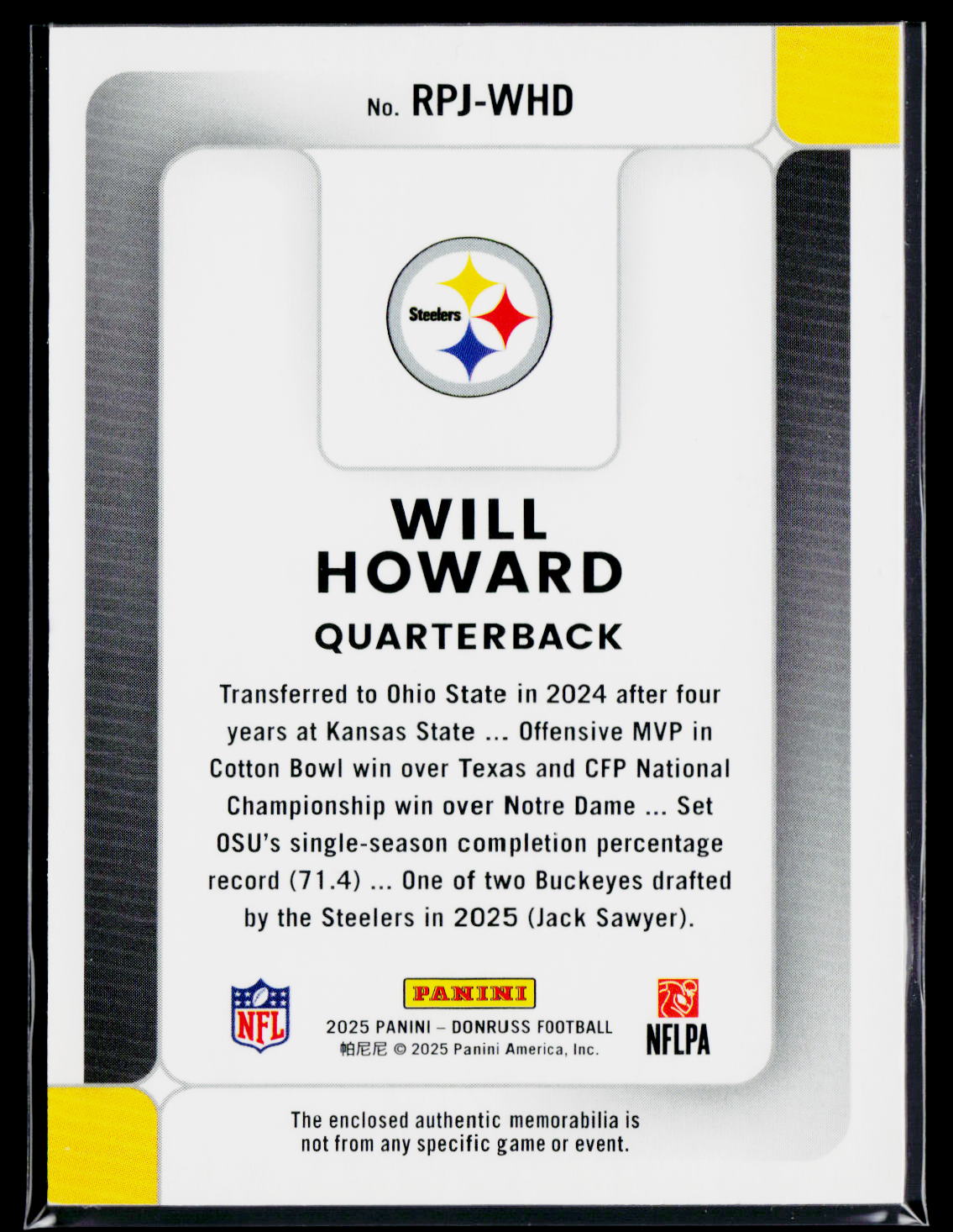 2025 Donruss #RPJ-WHD Will Howard Rookie Phenom Jerseys