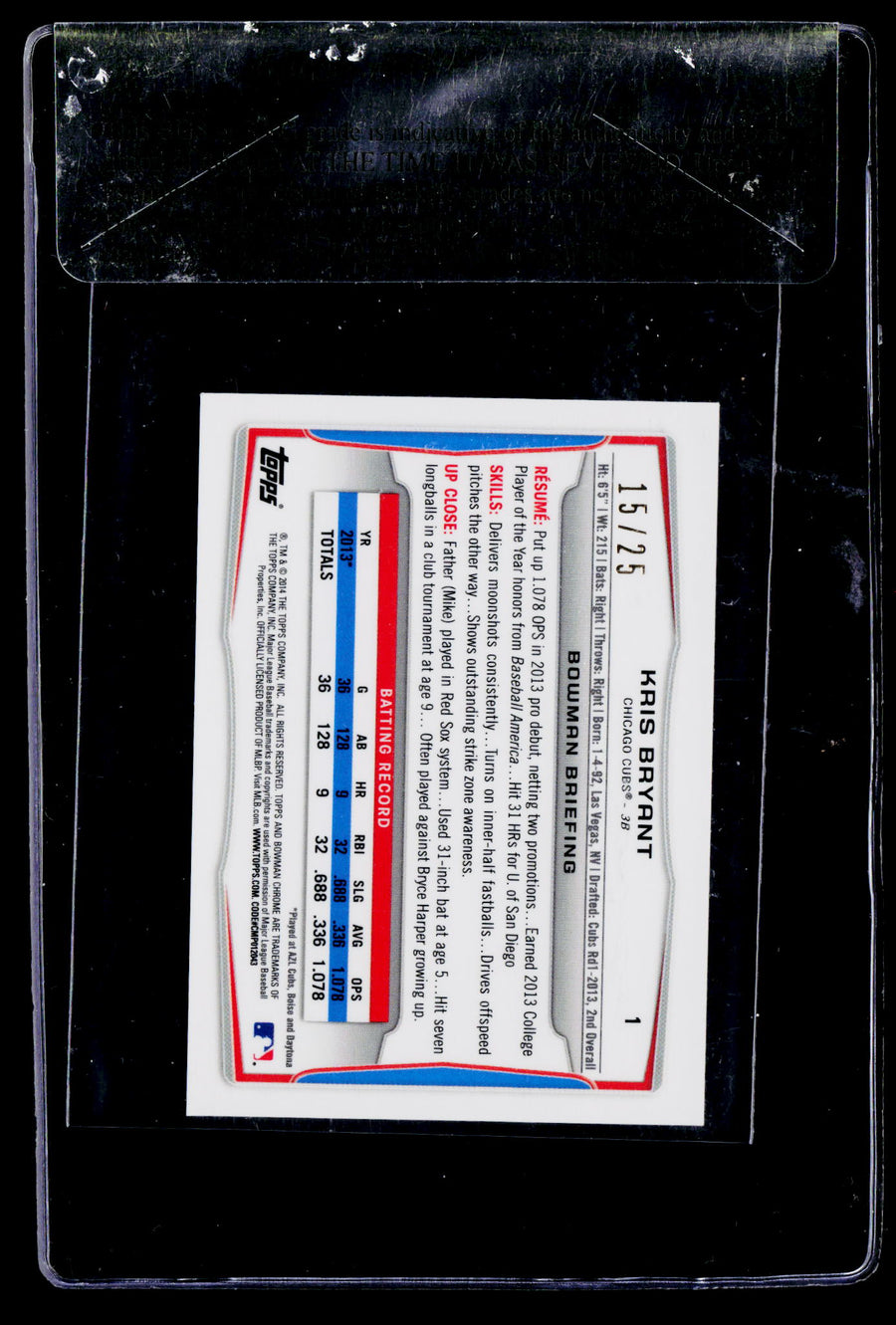 2014 Bowman Chrome Mini #1 Kris Bryant Yellow Refractors #/25