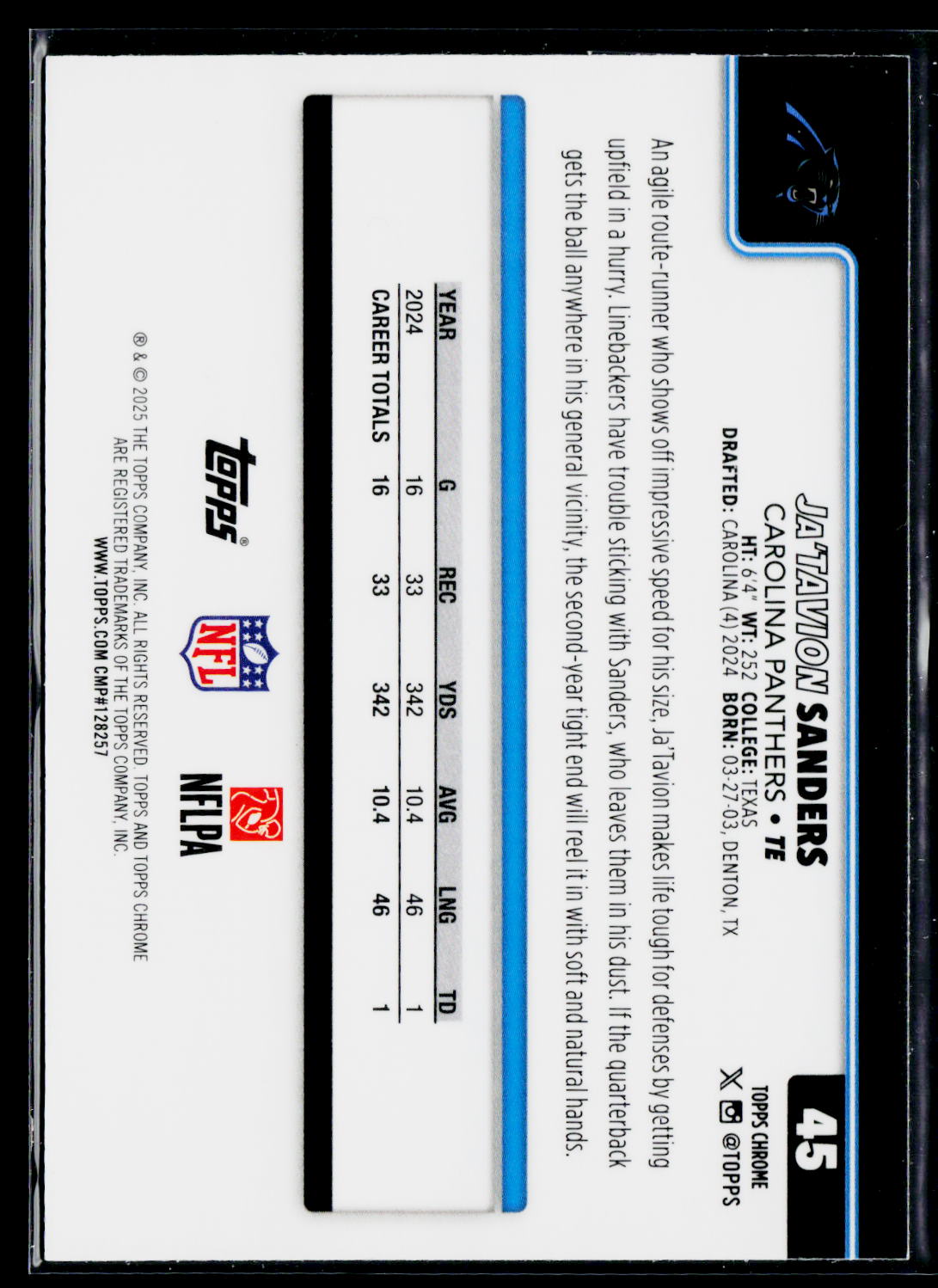 2025 Topps Chrome #45 Ja'Tavion Sanders Pulsar Refractor