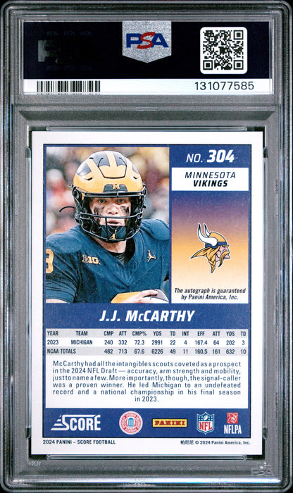 2024 Panini Score #304 Jj Mccarthy Signature PSA 10