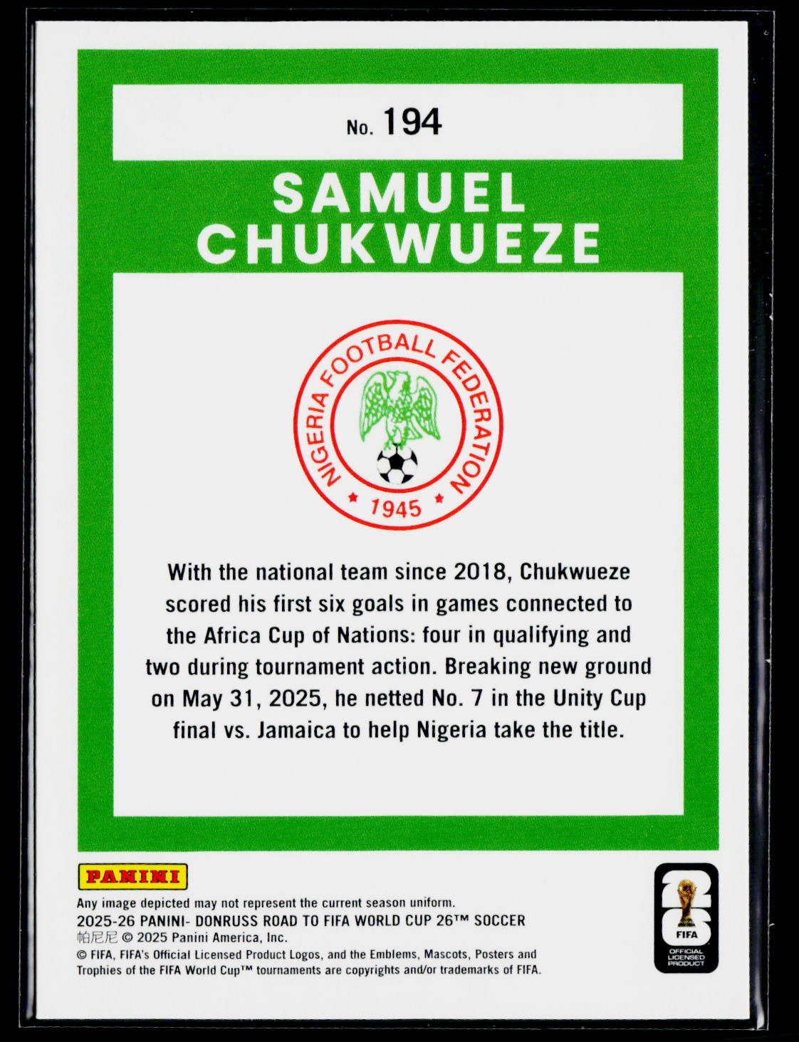 2025-26 Donruss Road to FIFA World Cup #194 Samuel Chukwueze