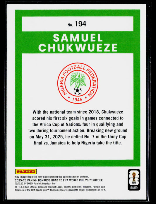 2025-26 Donruss Road to FIFA World Cup #194 Samuel Chukwueze