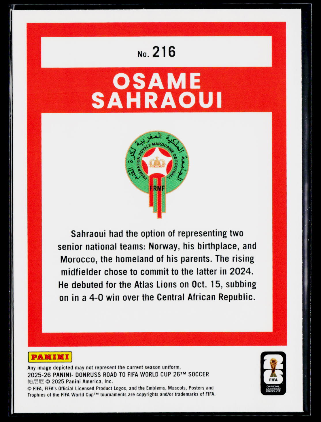 2025-26 Donruss Road to FIFA World Cup #216 Osame Sahraoui