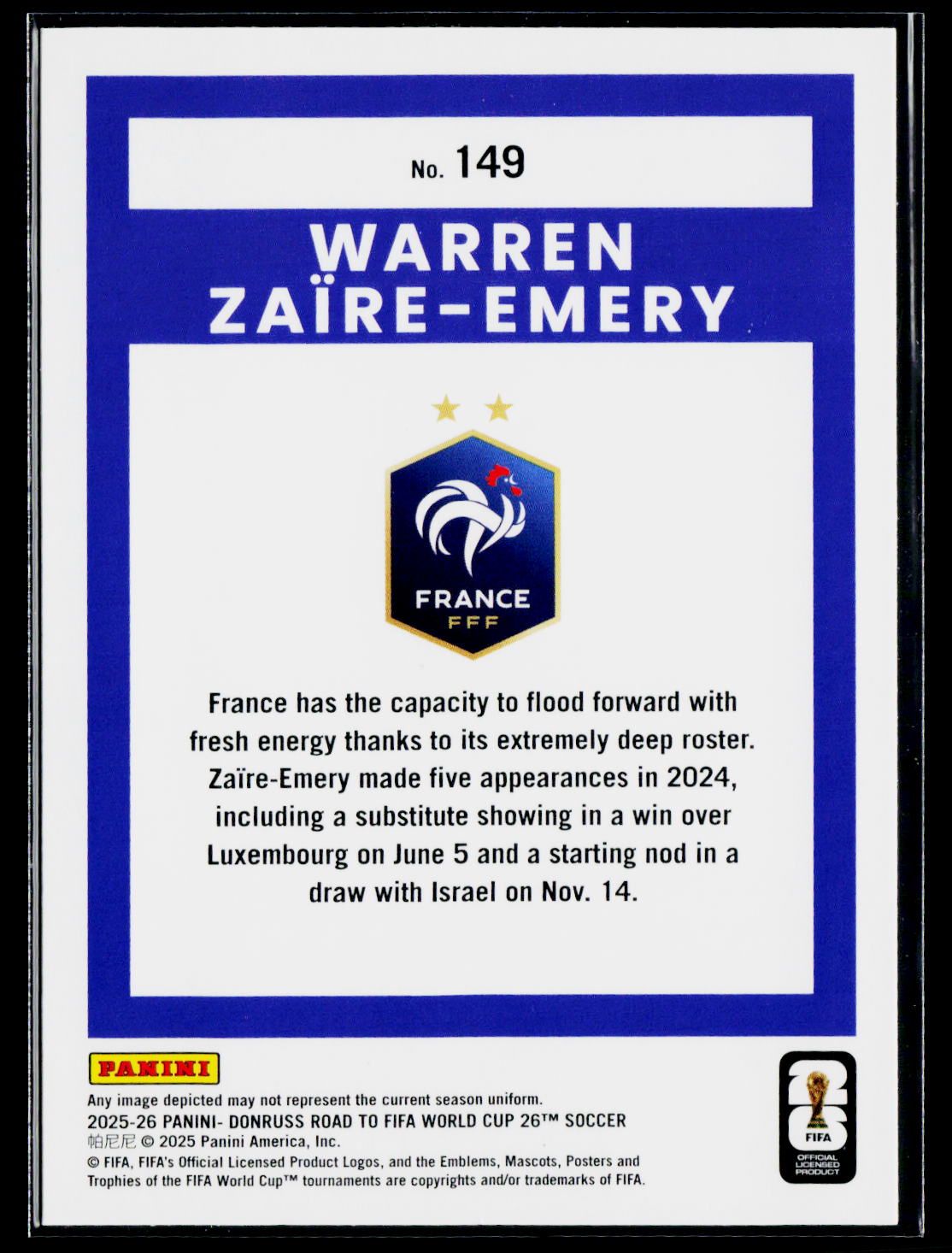 2025-26 Donruss Road to FIFA World Cup #149 Warren Zaire-Emery
