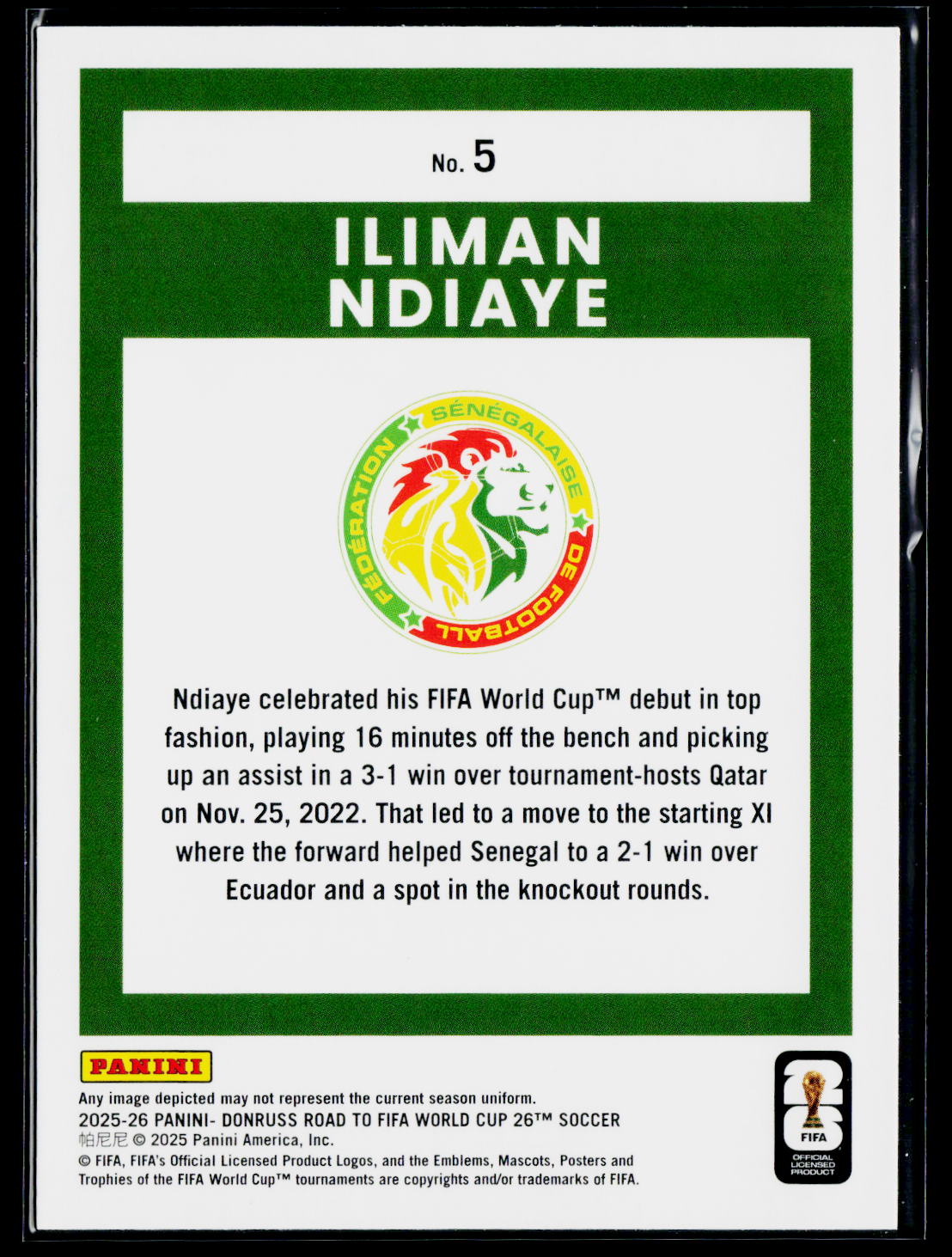 2025-26 Donruss Road to FIFA World Cup #5 Iliman Ndiaye