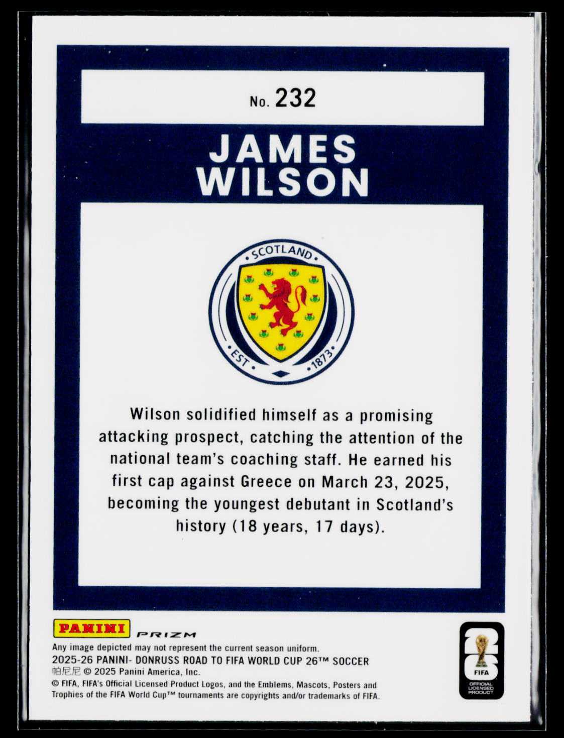2025-26 Donruss Road to FIFA World Cup #232 James Wilson